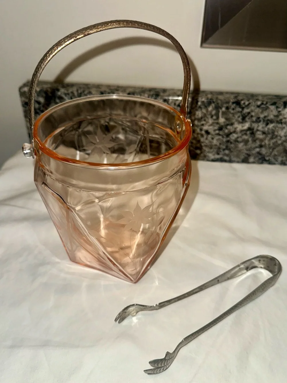 Vintage Pink Depression Glass Art Deco Ice Bucket & Tongs Set